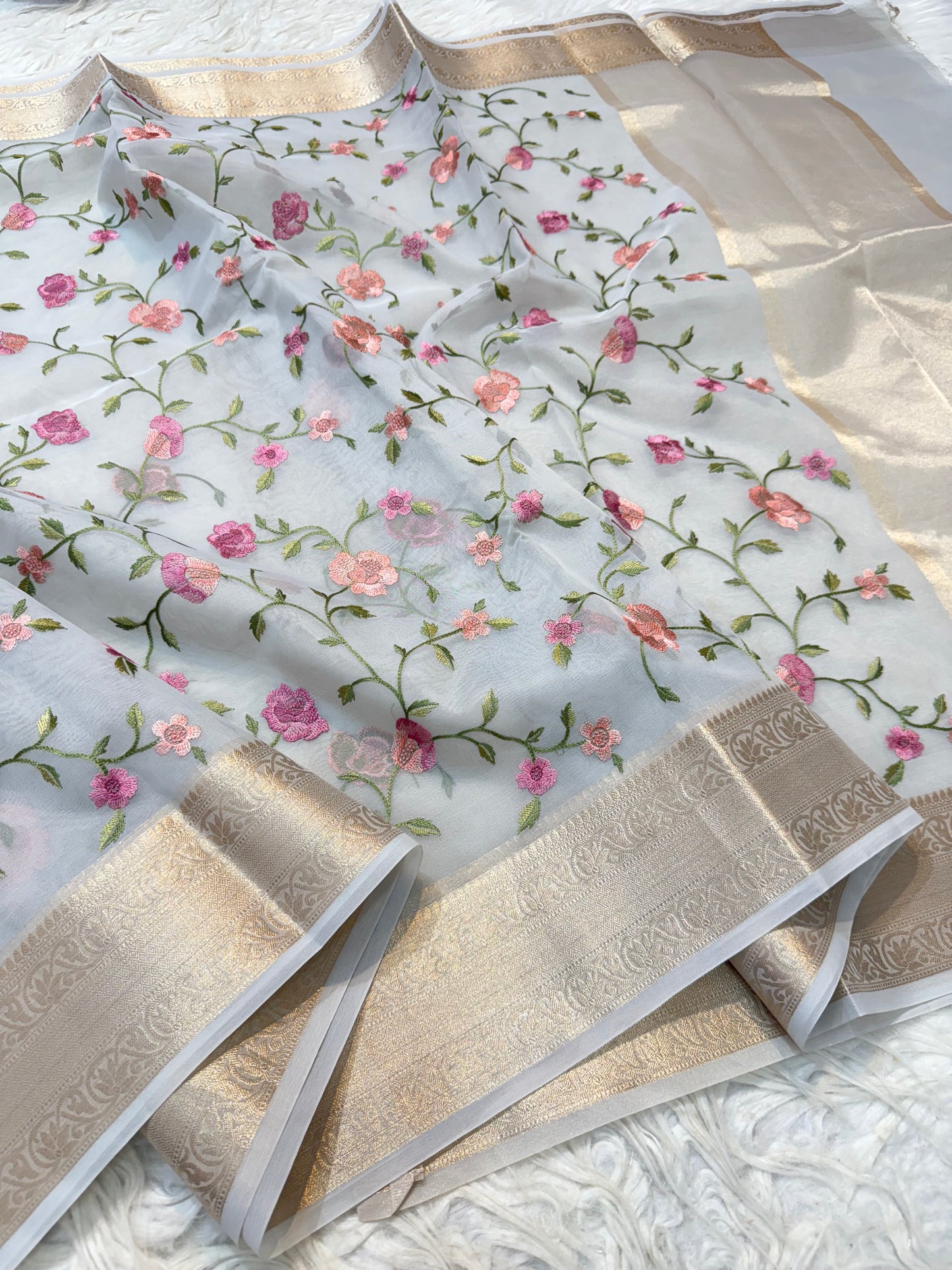 Grey organza embroidery Banarasi saree
