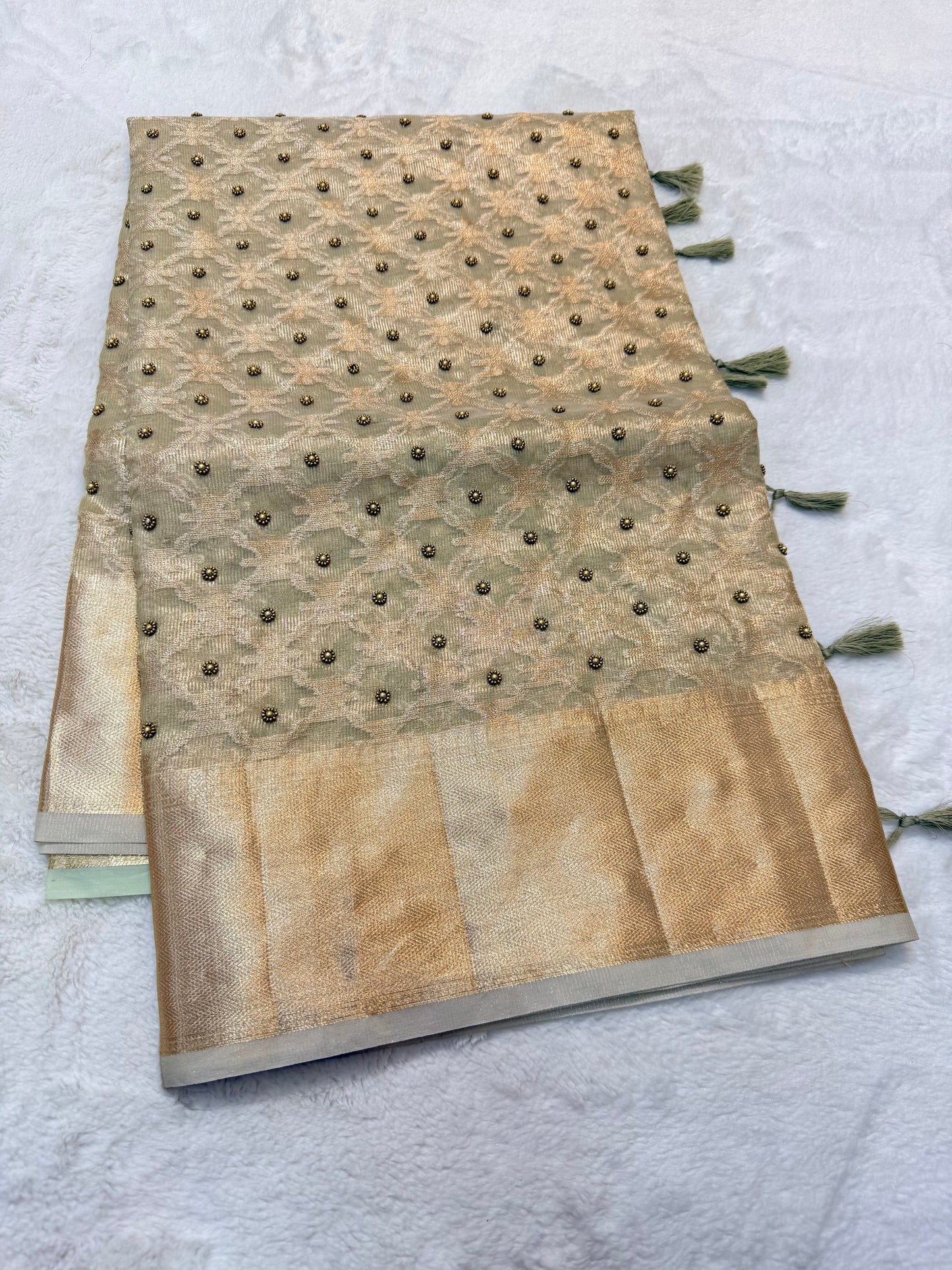 Pista green tissue kota designer handwork premium Banarasi saree