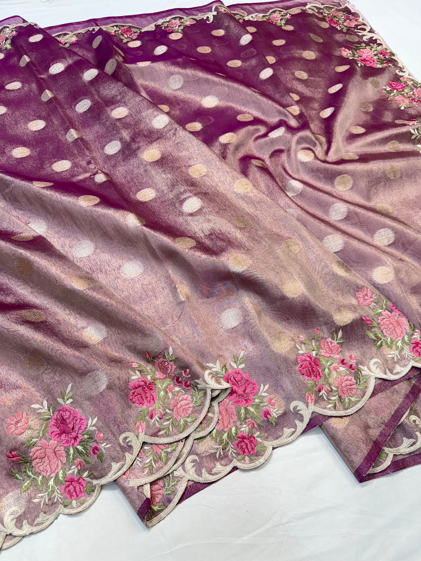 Magenta tissue cutwork embroidery premium designer Banarasi saree