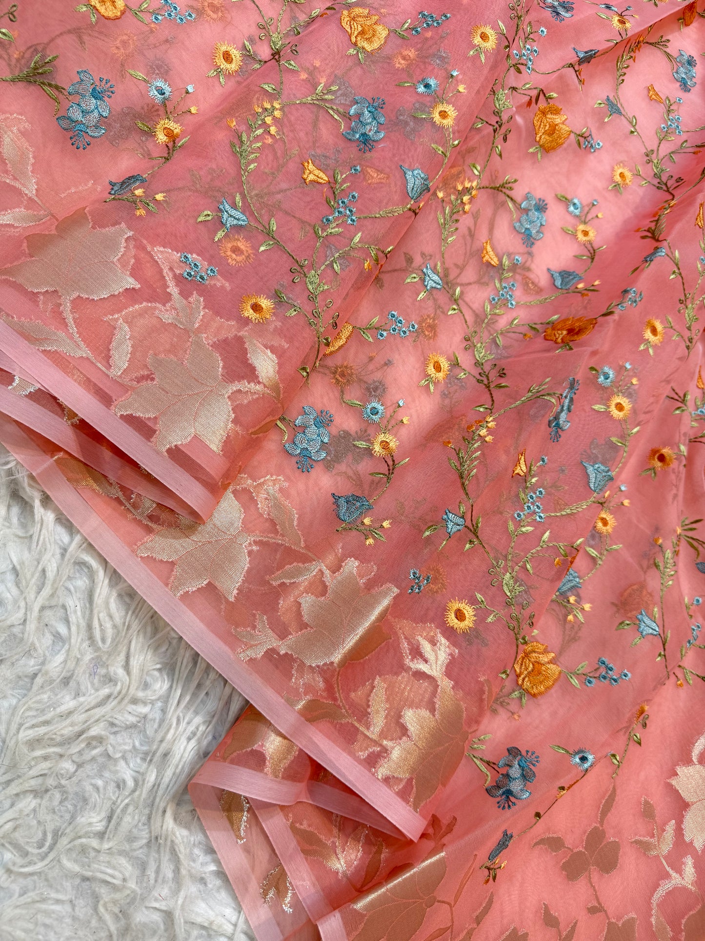Peach shade kora organza embroidery Banarasi saree