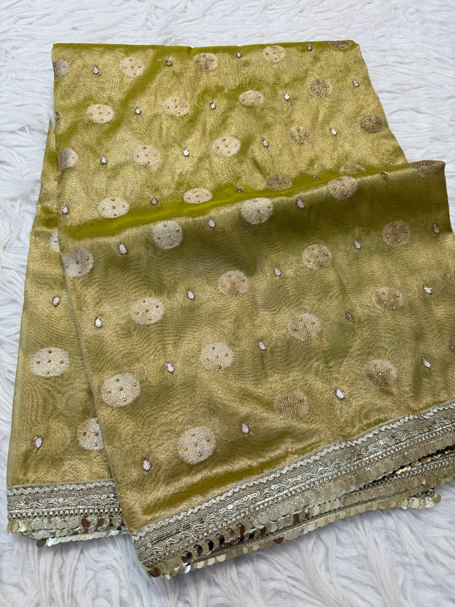 Pista green shade tissue ari & zardosi work designer premium Banarasi saree