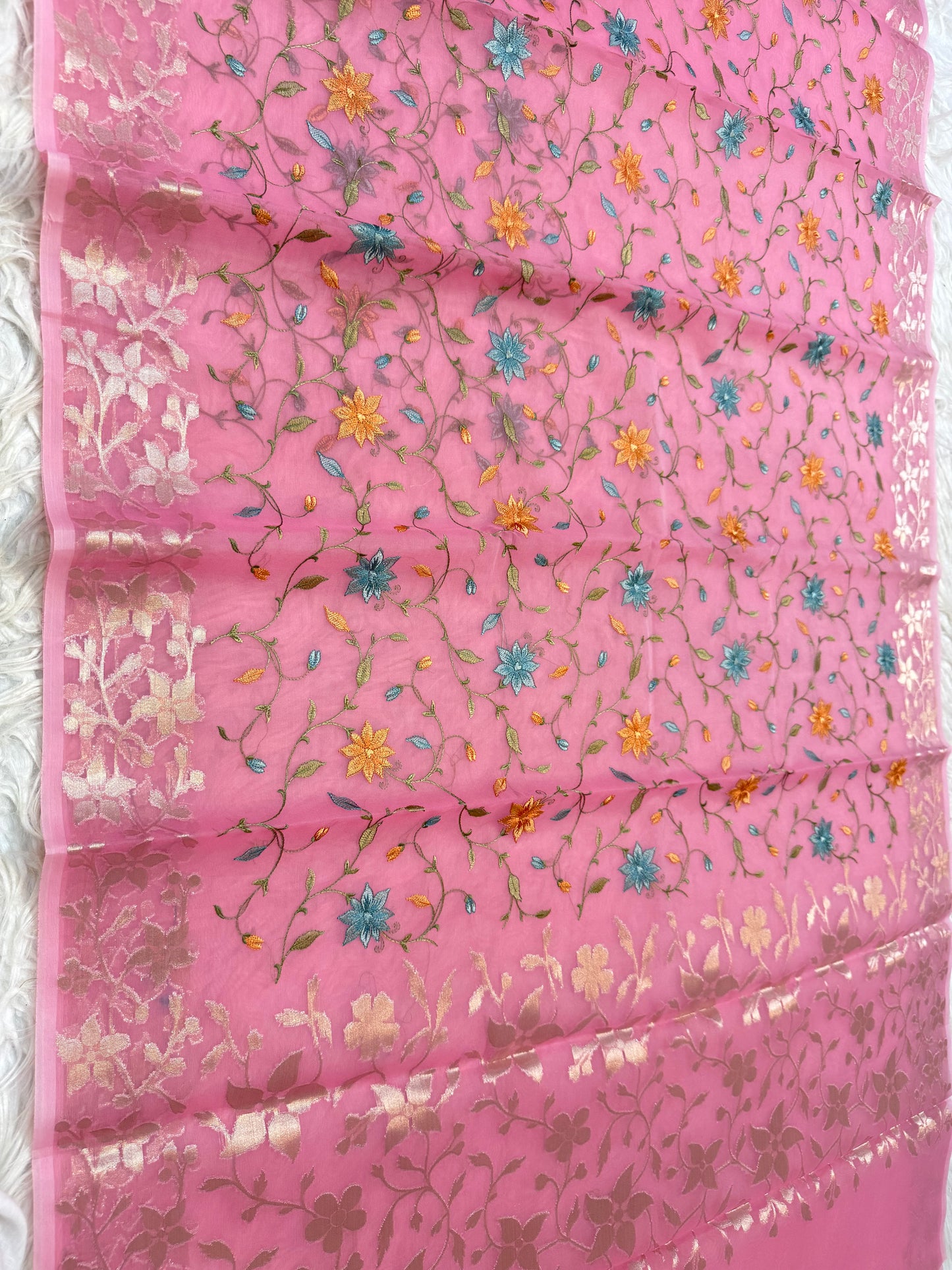 Pink shade kora organza embroidery Banarasi saree