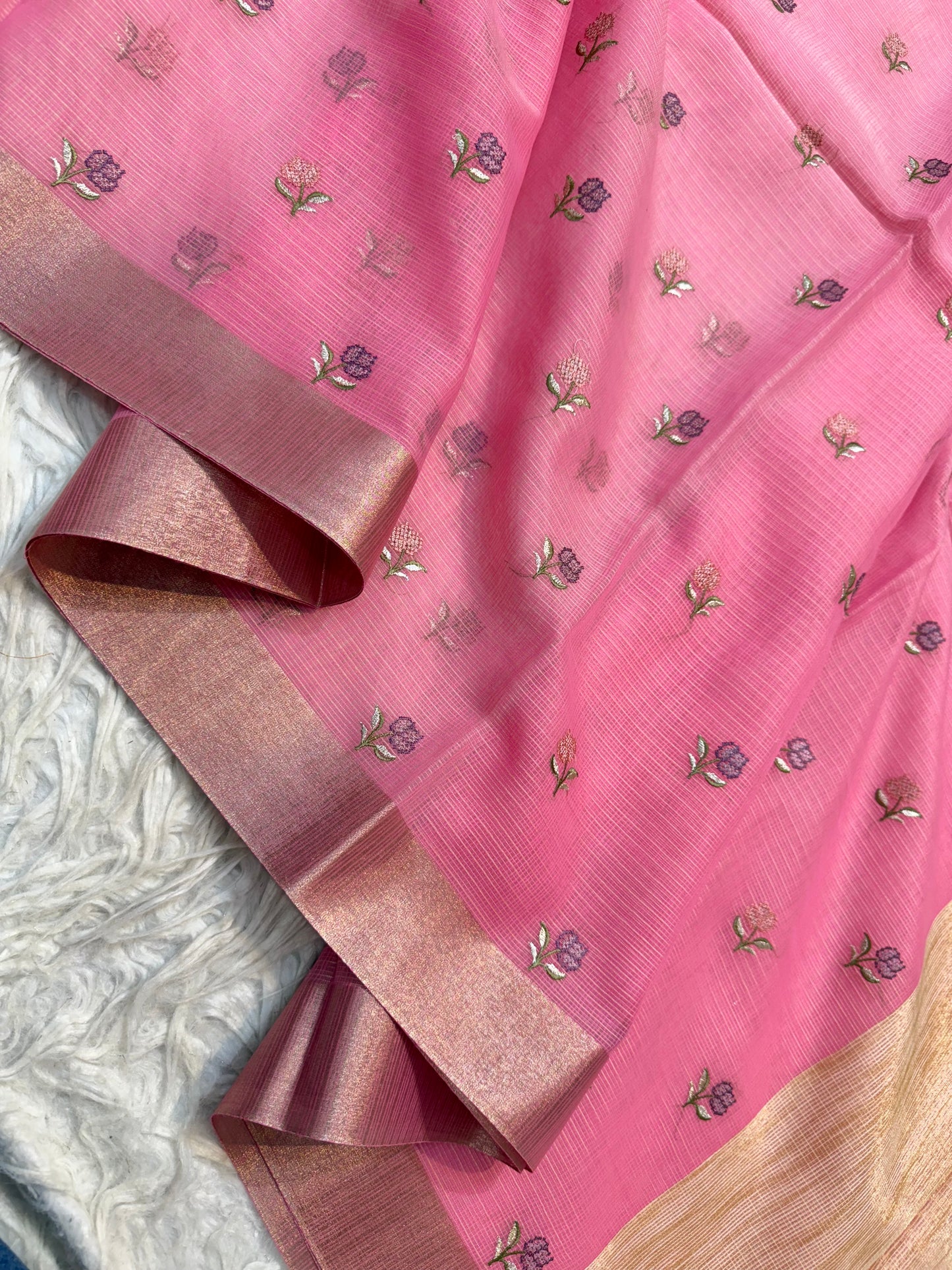 Pink shade cotton kota embroidery Banarasi saree