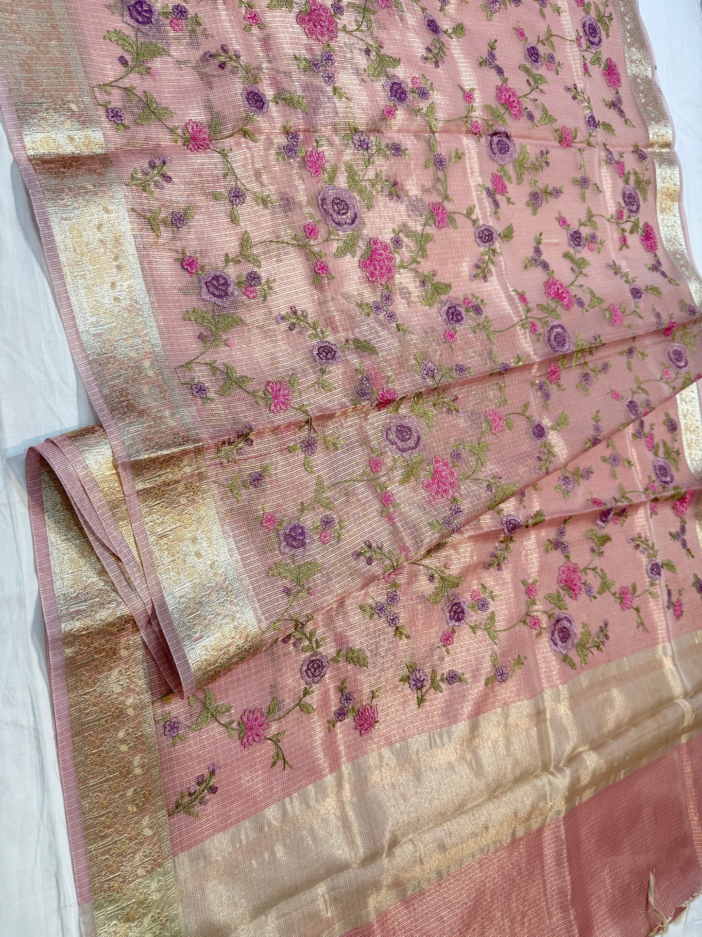 Dusty pink shade tissue kota embroidery primum Banarasi saree