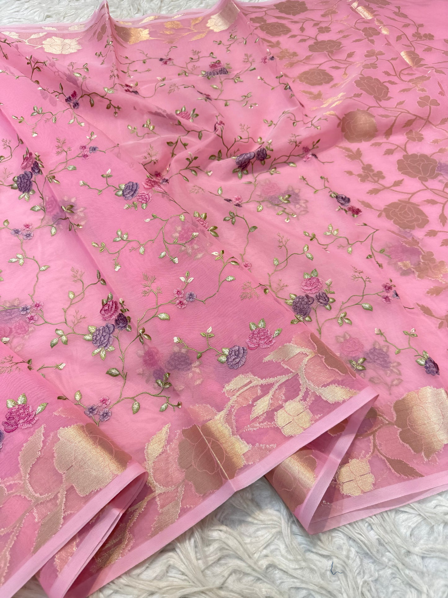 Pink shade kora organza embroidery Banarasi saree