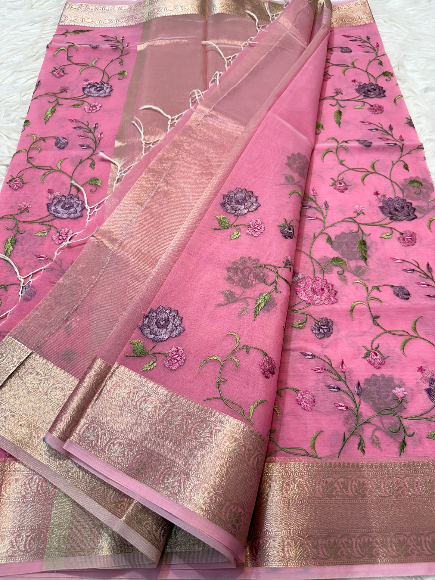 Pink shade organza embroidery Banarasi saree