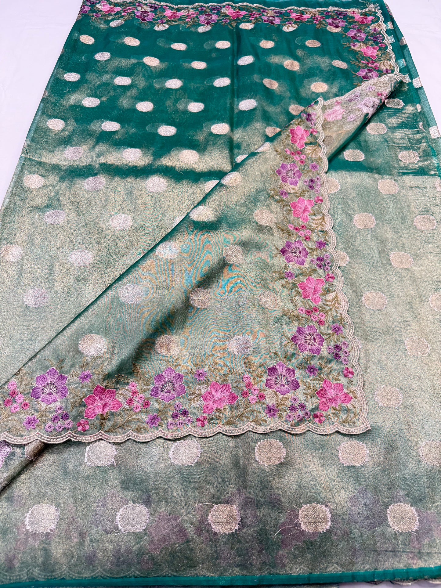 Sea green tissue cutwork embroidery premium designer Banarasi saree