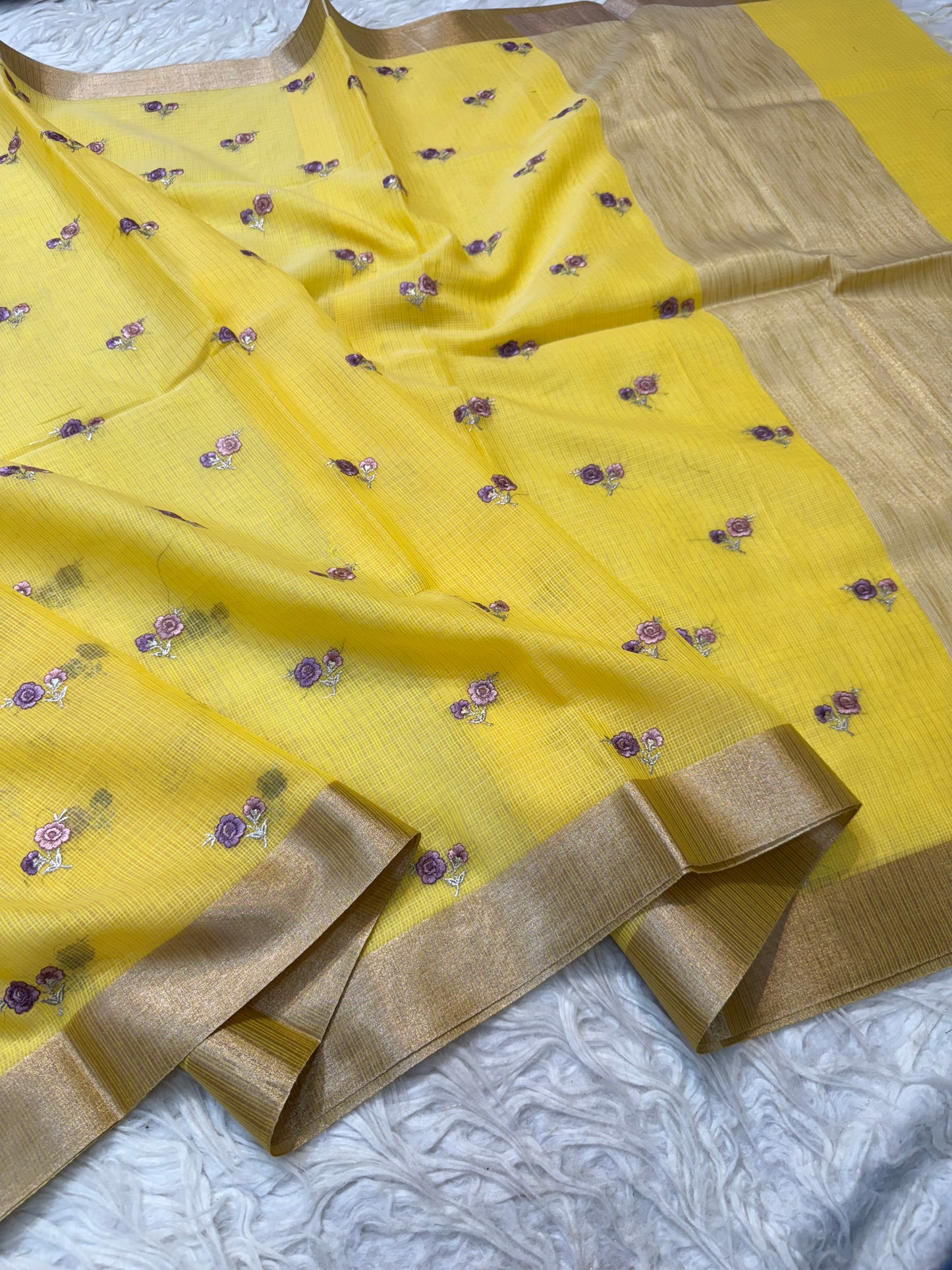 Yellow shade cotton kota embroidery Banarasi saree