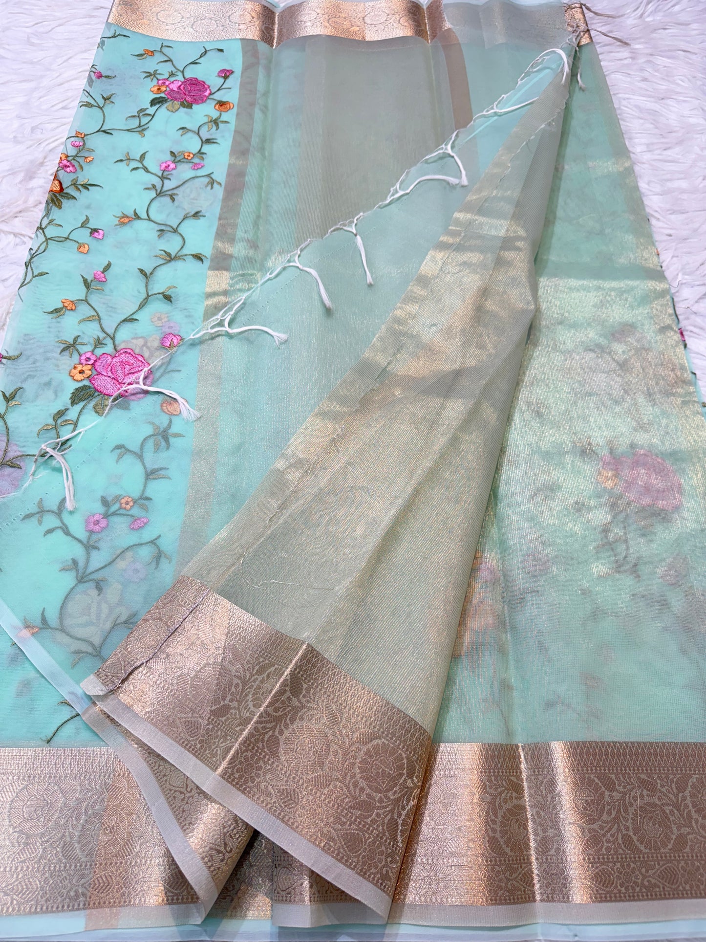 Turquoise shade organza embroidery Banarasi saree