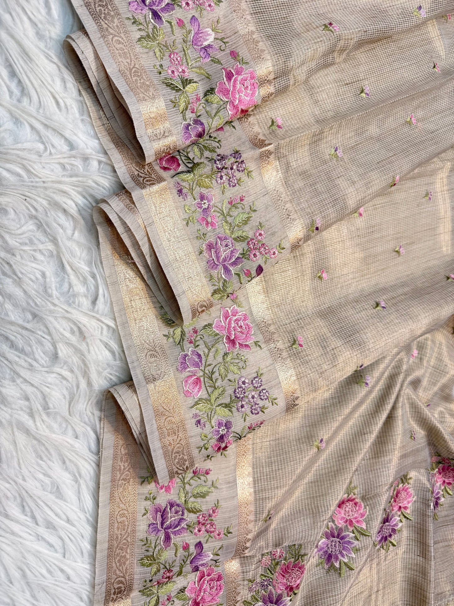 Beige shade tissue linen designer embroidery premium Banarasi saree