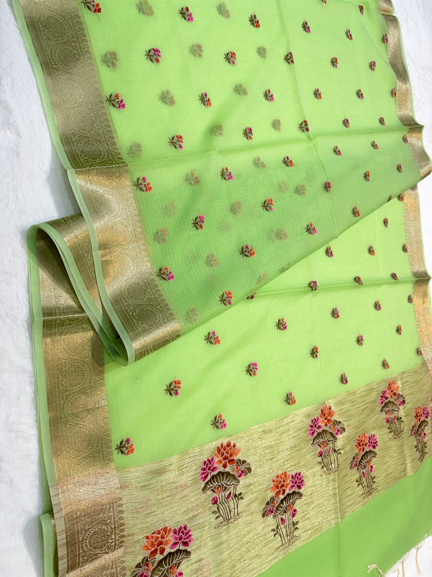 Pista green shade cotton kota embroidery Banarasi saree