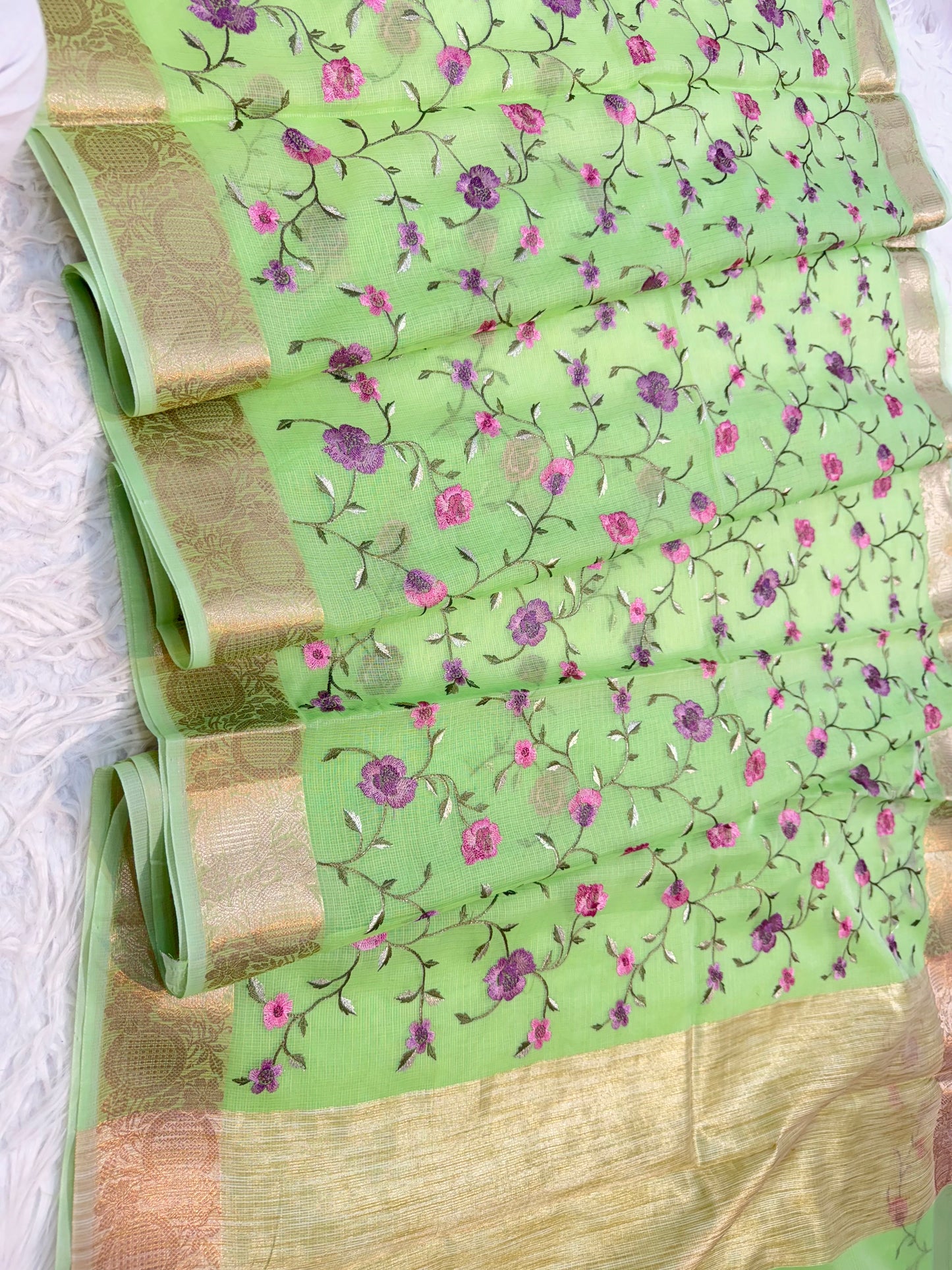 Pista green shade cotton kota embroidery Banarasi saree
