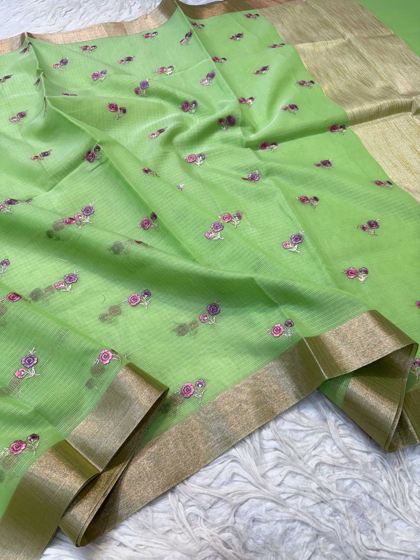 Pista green shade cotton kota embroidery Banarasi saree