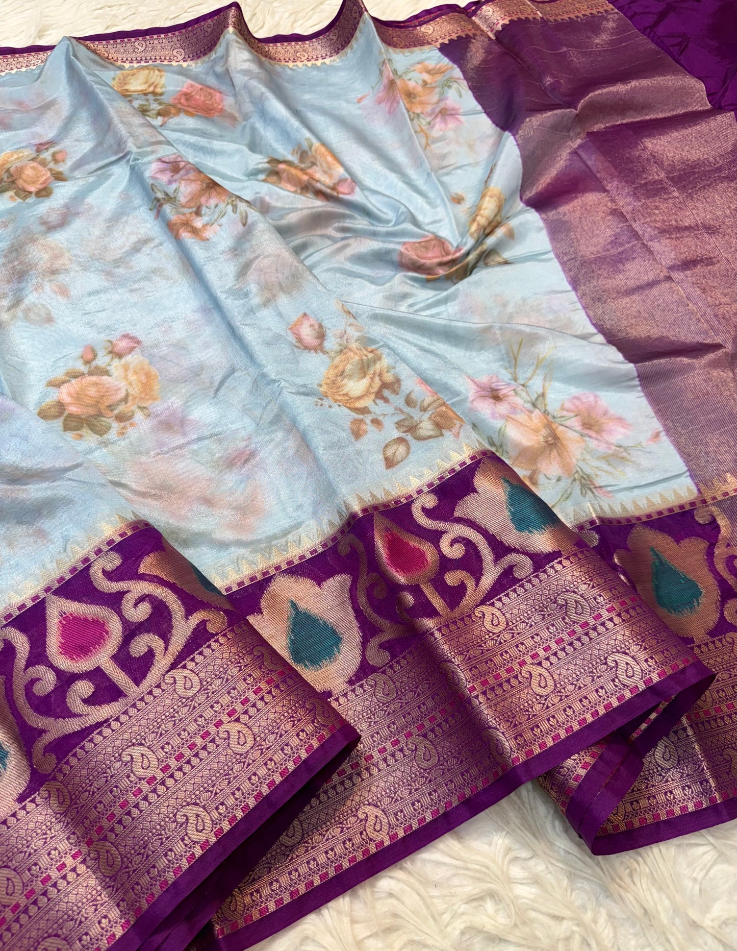 Powder Blue m & Peach Contrast Kora Organza Digital Print Saree