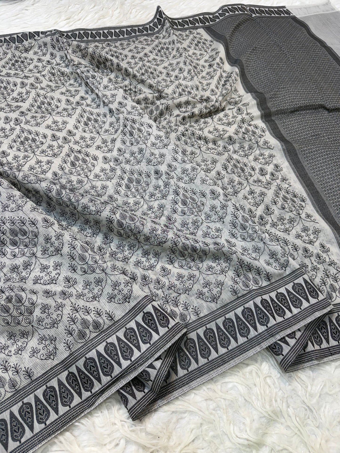 Grey shade cotton kota chickenkari embroidery Banarasi saree