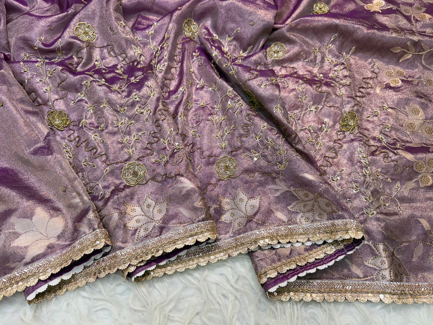 Magenta shade tissue ari & zardosi work designer premium Banarasi saree