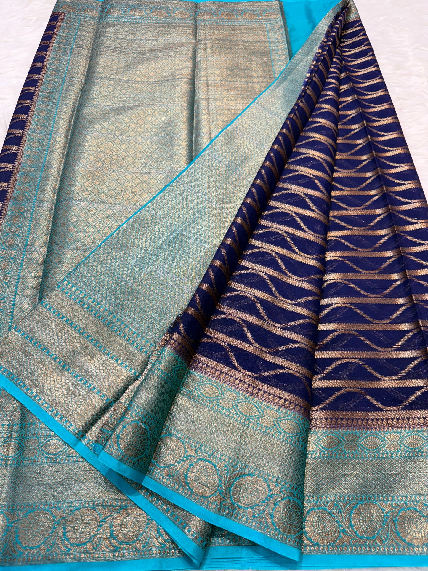 Navy sea green shade georgatte Banarasi saree