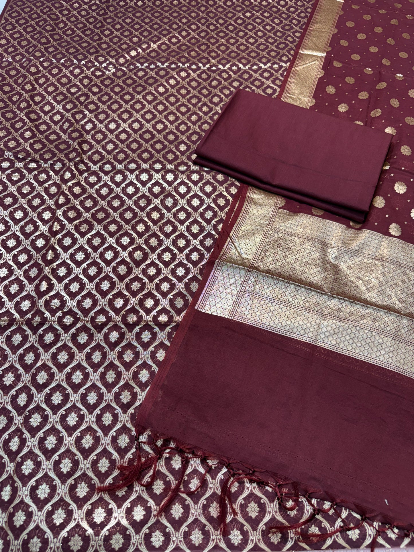 Maroon shade Cotton Silk Banarasi Three Piece suit