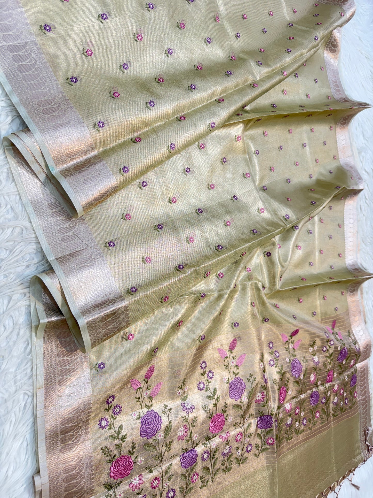 Pista green shade tissue kota embroidery primum Banarasi saree