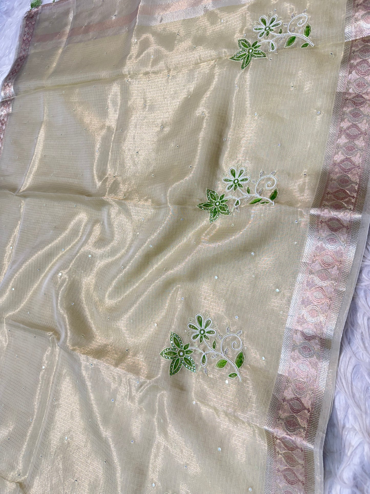 Pista green shade tissue kota designer handwork premium Banarasi saree