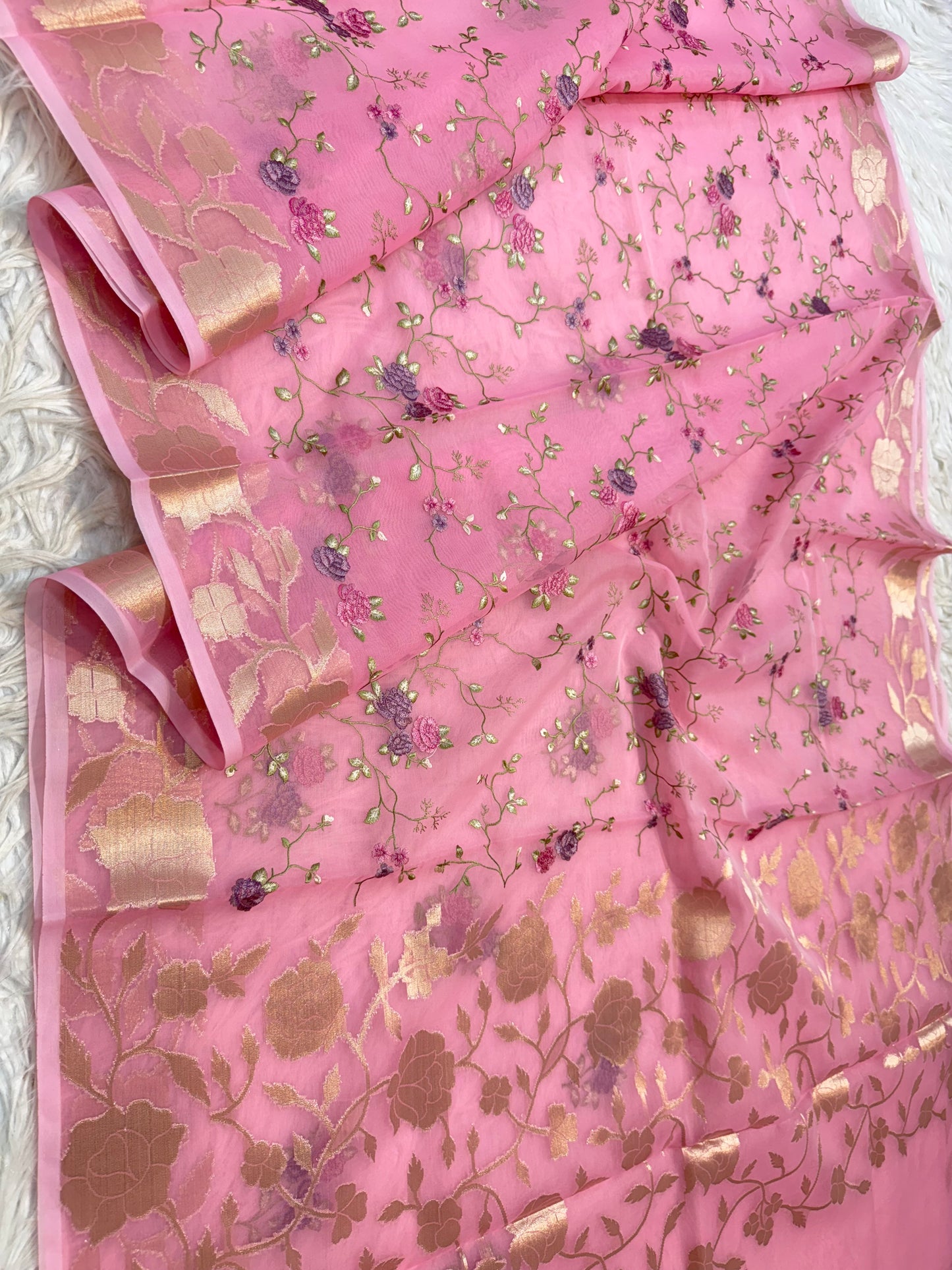 Pink shade kora organza embroidery Banarasi saree