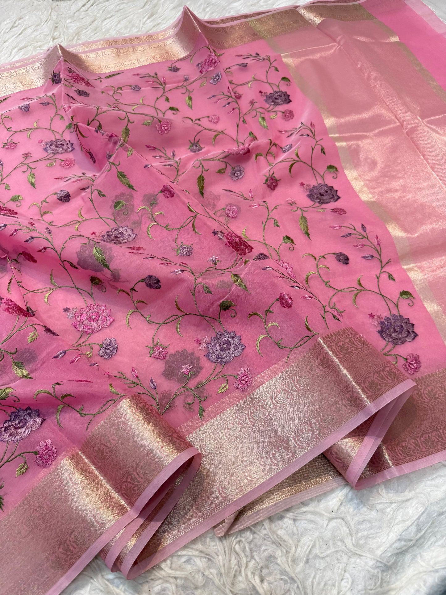 Pink shade organza embroidery Banarasi saree