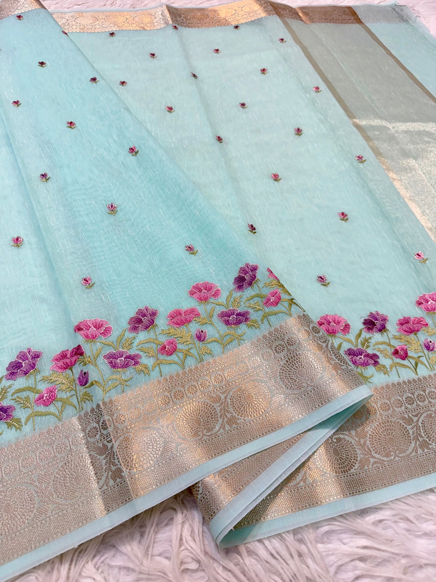 Turquoise shade linen embroidery Banarasi saree
