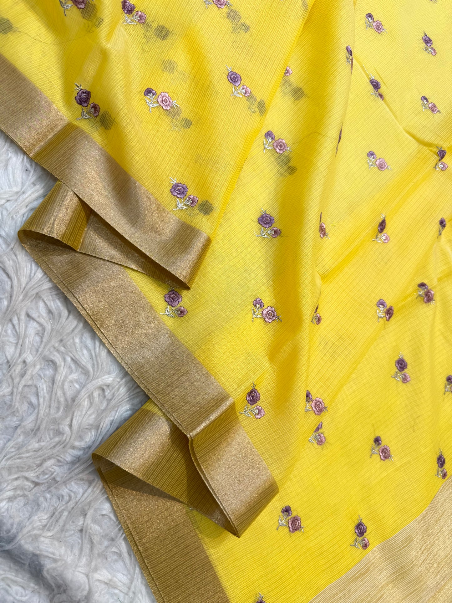Yellow shade cotton kota embroidery Banarasi saree