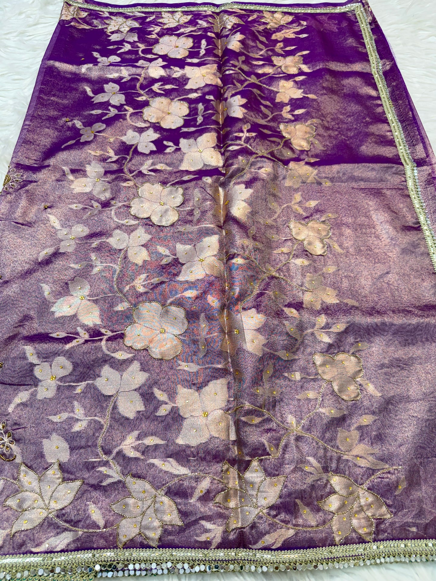 Purple shade tissue ari & zardosi work designer premium Banarasi saree