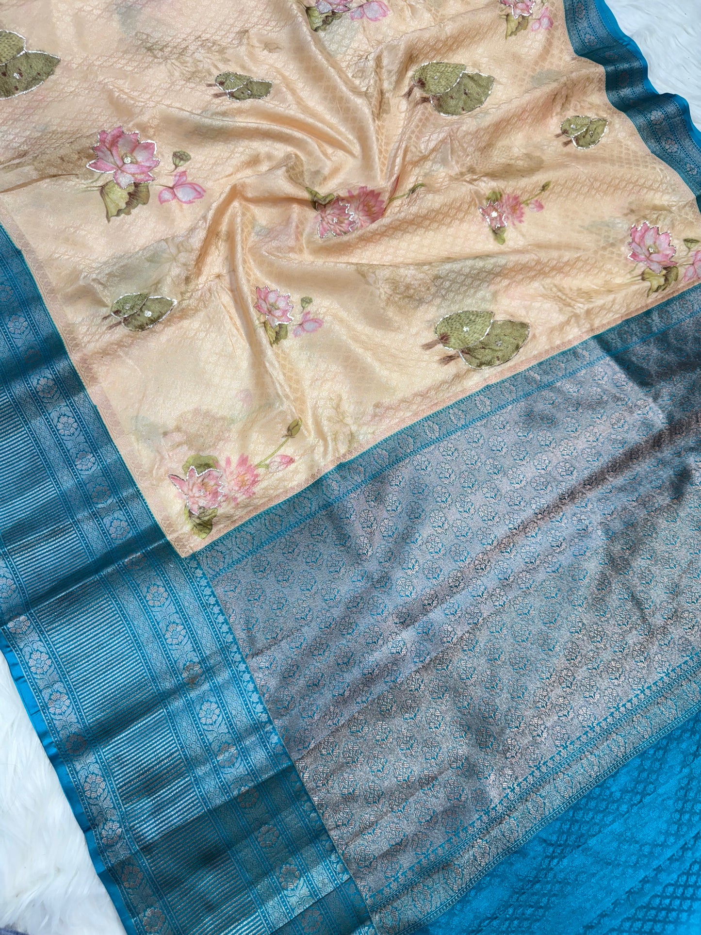 multicolour soft Dupion silk digital print pita work premium Banarasi saree