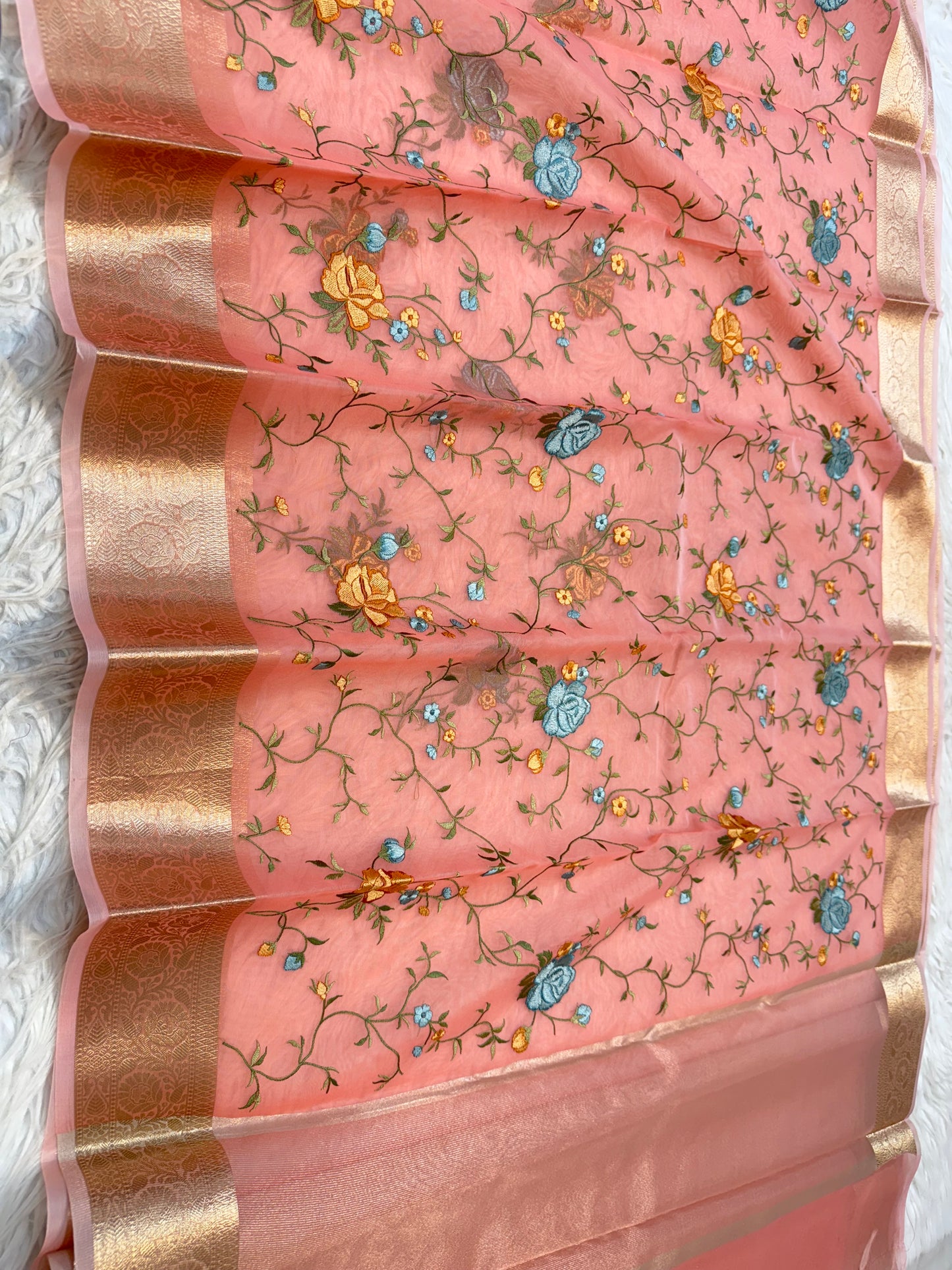 Peach shade organza embroidery Banarasi saree