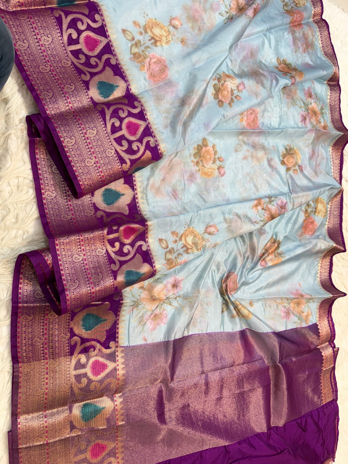 Powder Blue m & Peach Contrast Kora Organza Digital Print Saree