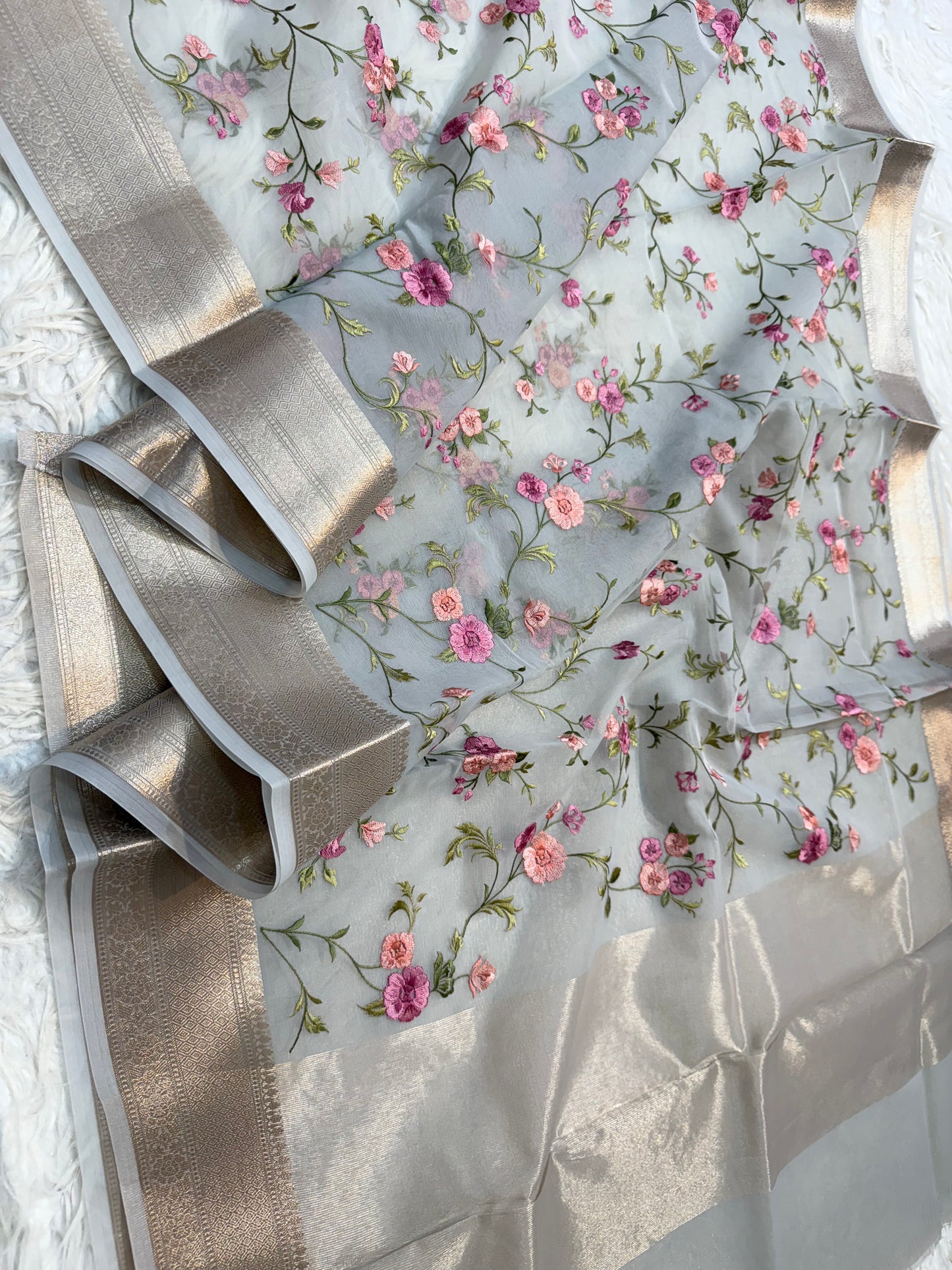 Grey shade organza embroidery Banarasi saree