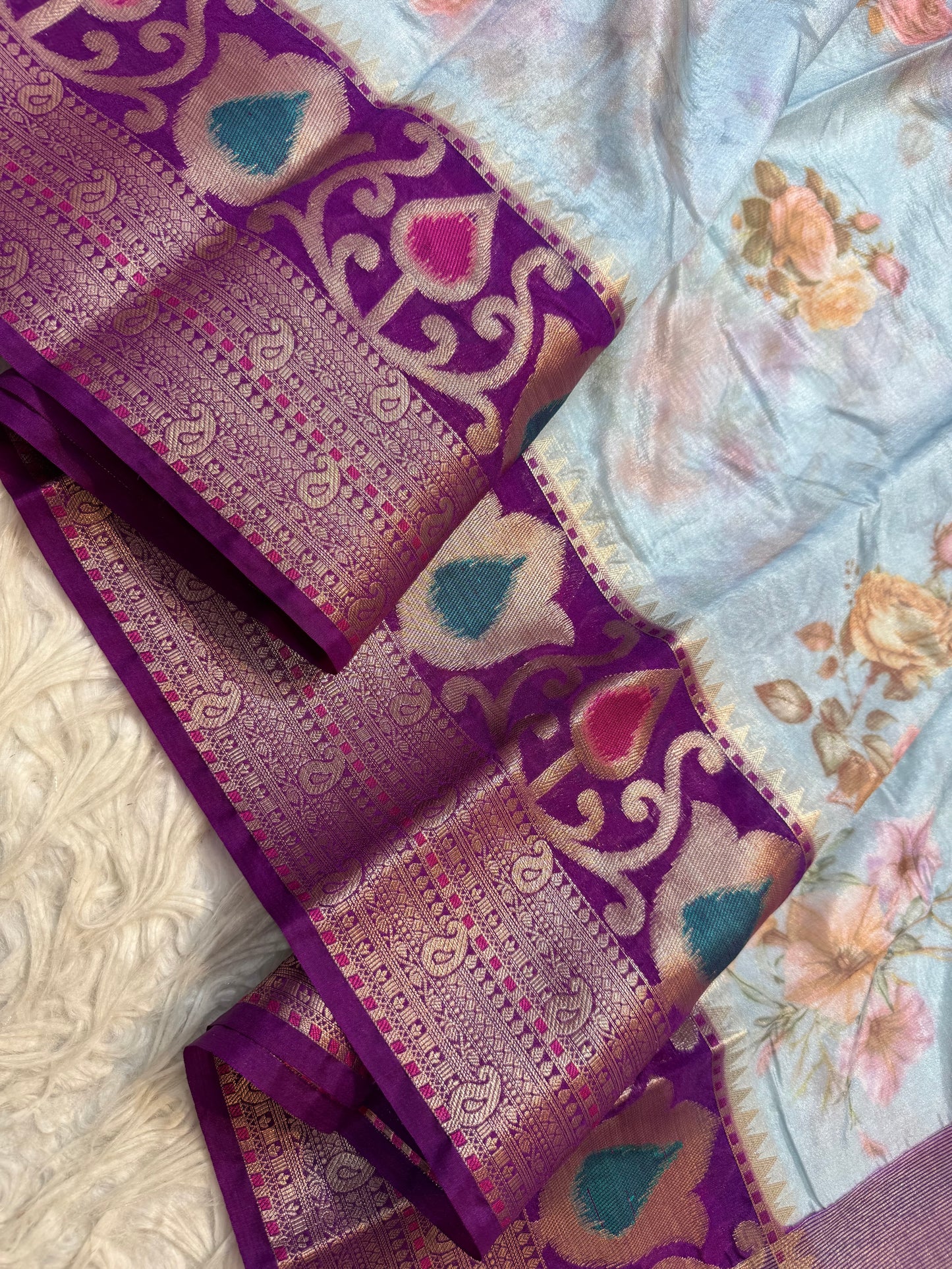 Powder Blue m & Peach Contrast Kora Organza Digital Print Saree