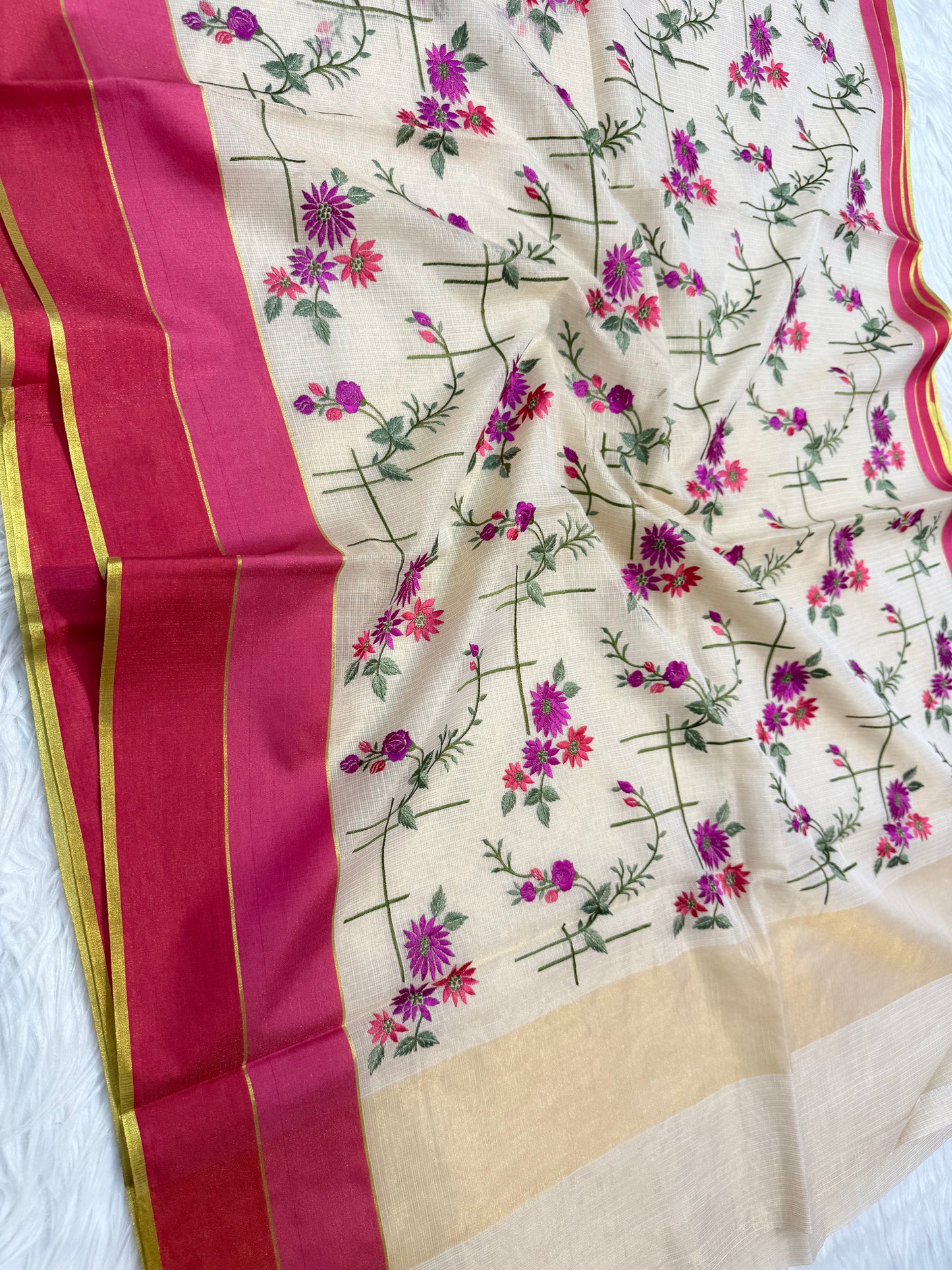 Off white royal pink pink shade tissue kota embroidery Banarasi saree