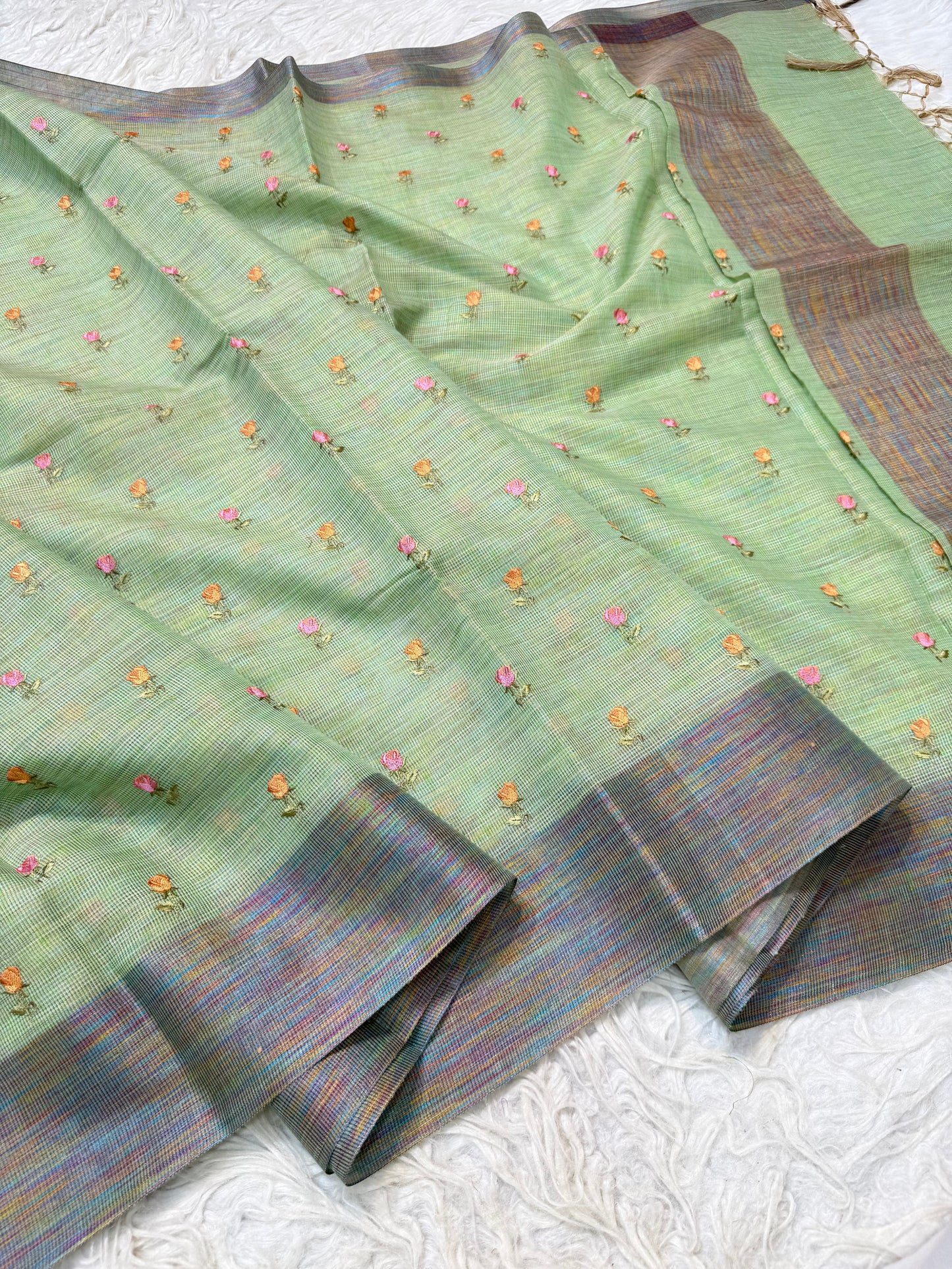 Pista green shade linen embroidery Banarasi saree