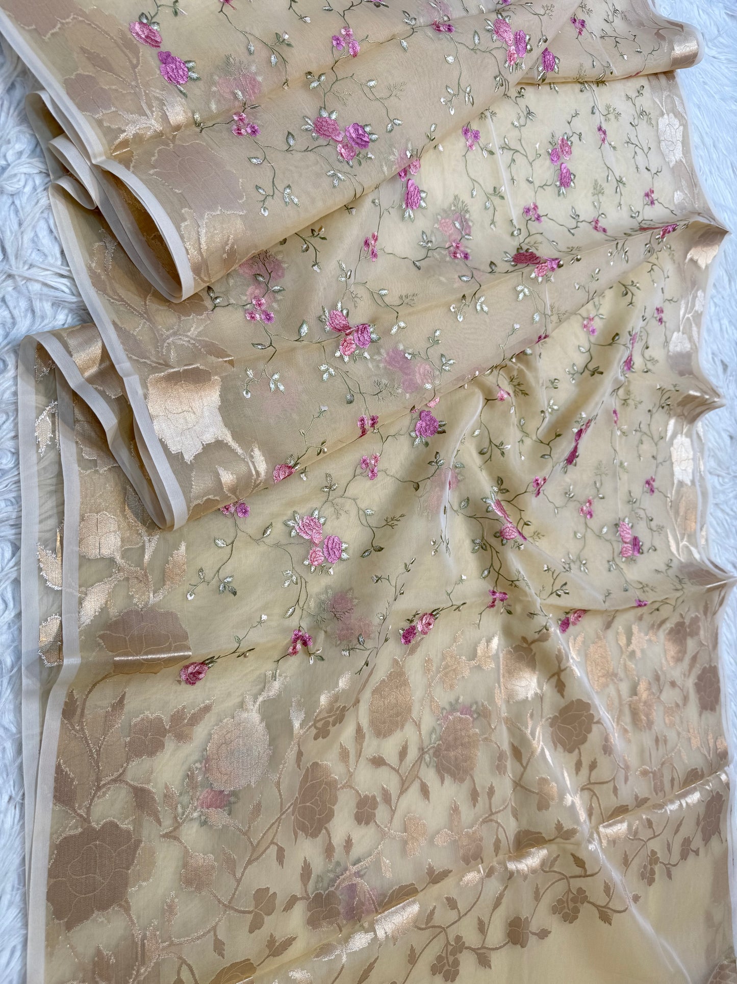 Beige green shade kora organza embroidery Banarasi saree