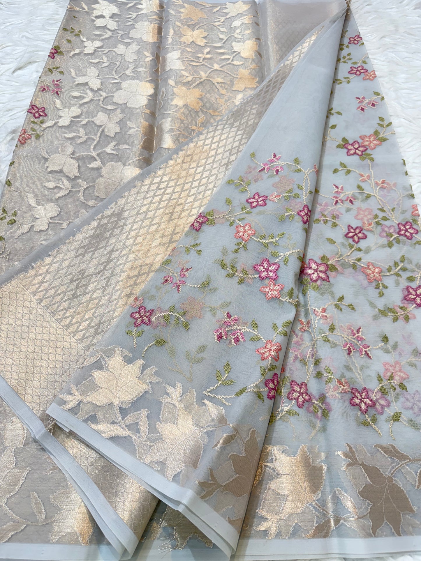 Grey shade kora organza embroidery Banarasi saree