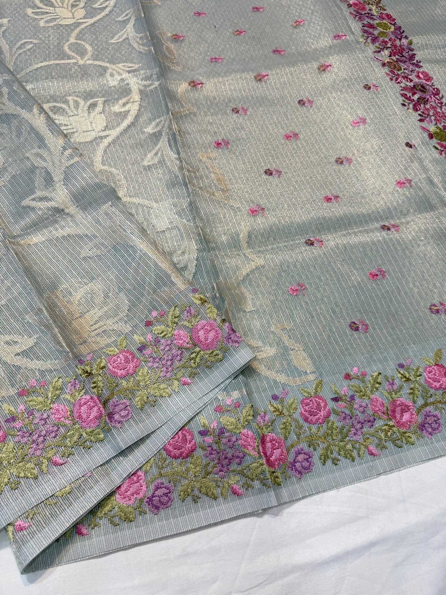 Pista green shade tissue kota embroidery primum Banarasi saree