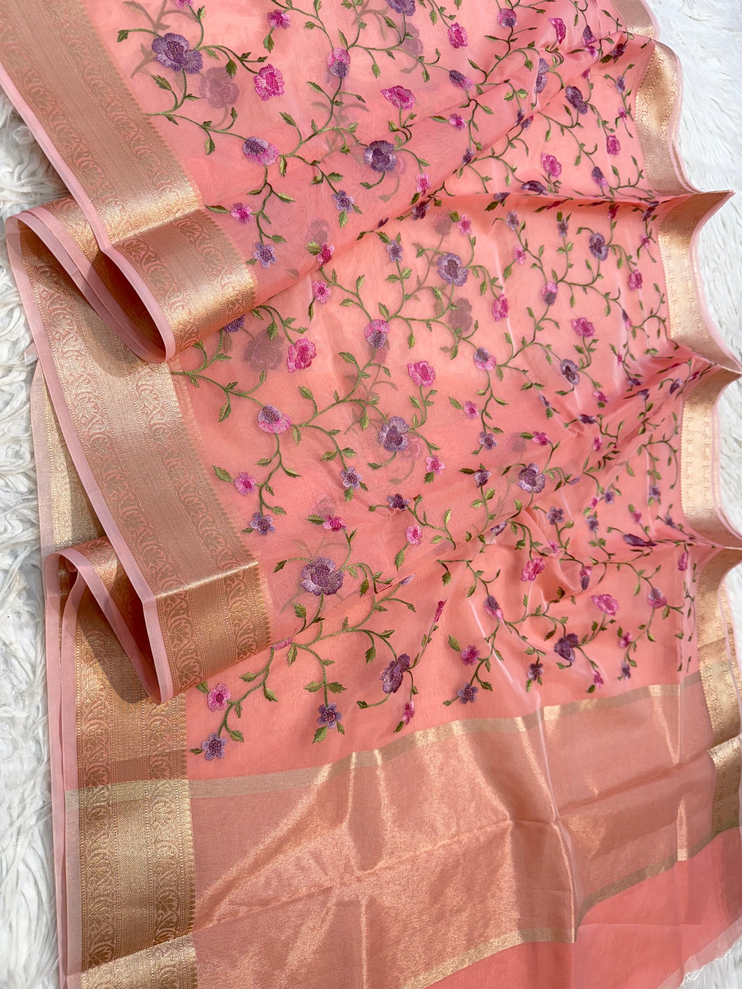 Peach shade organza embroidery Banarasi saree