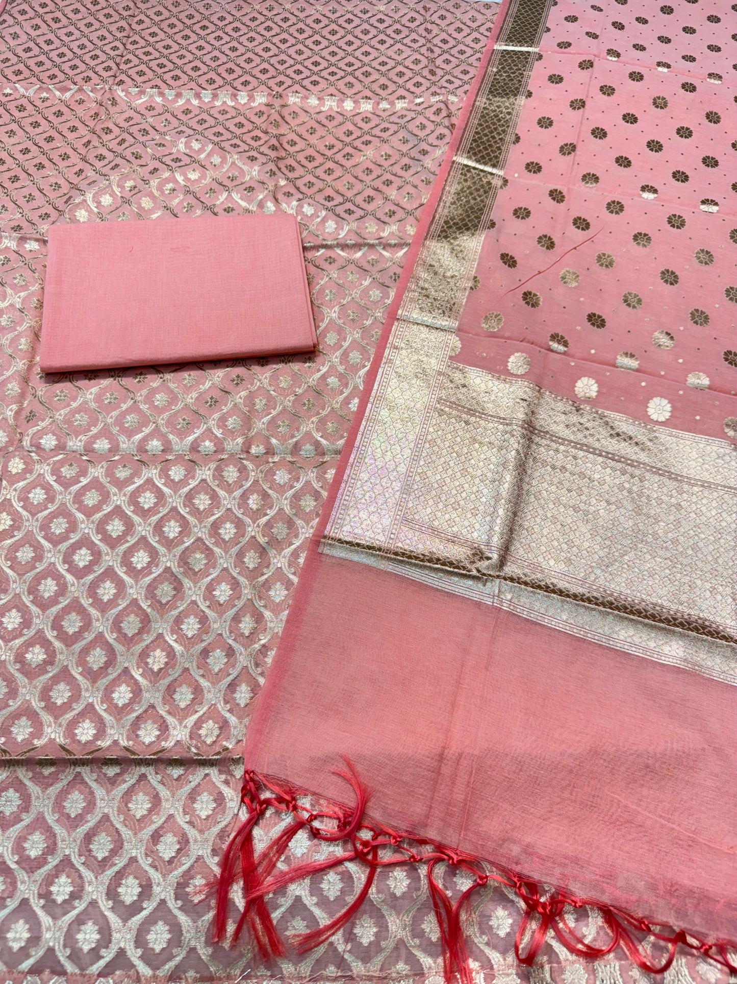 Peach Cotton Silk Banarasi Three Piece suit