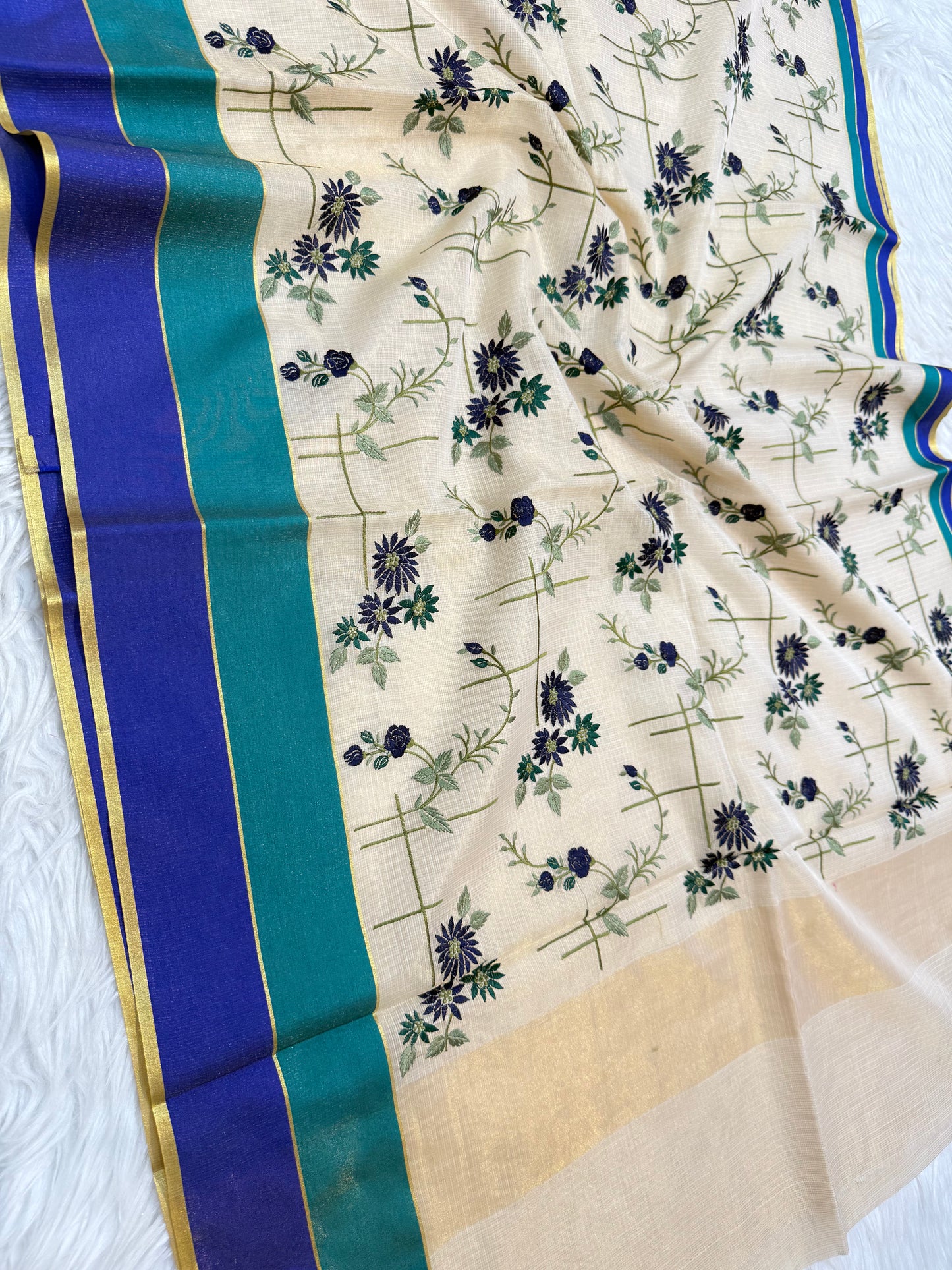 Off white nevy sea green shade tissue kota embroidery Banarasi saree