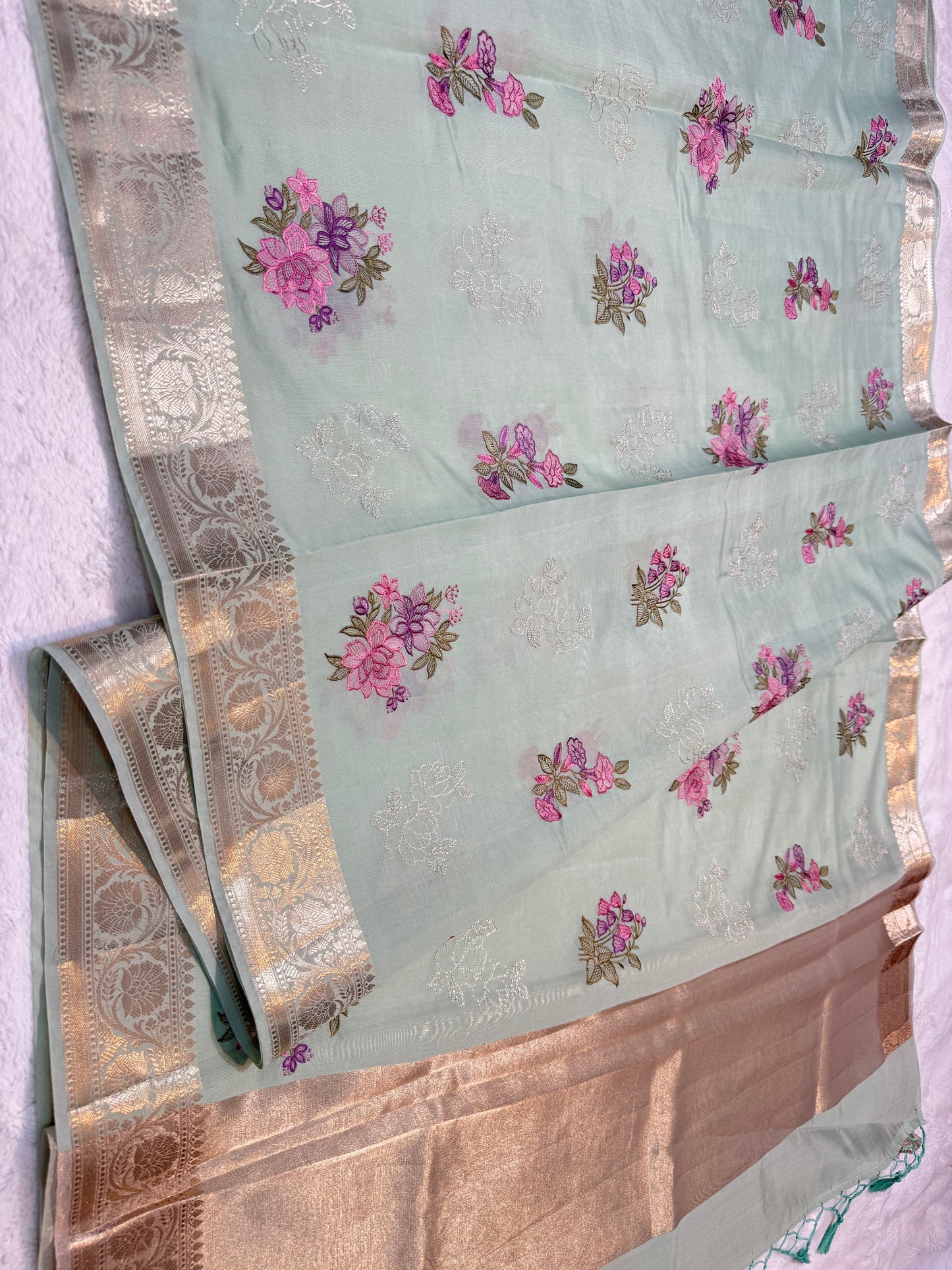 Sea green shade soft silk designer premium embroidery Banarasi saree