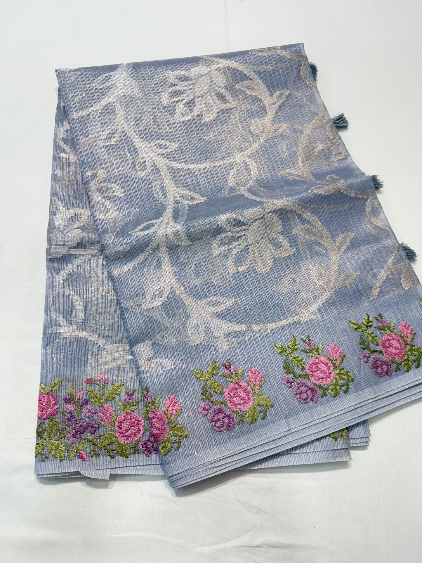 Powder blue shade tissue kota embroidery primum Banarasi saree