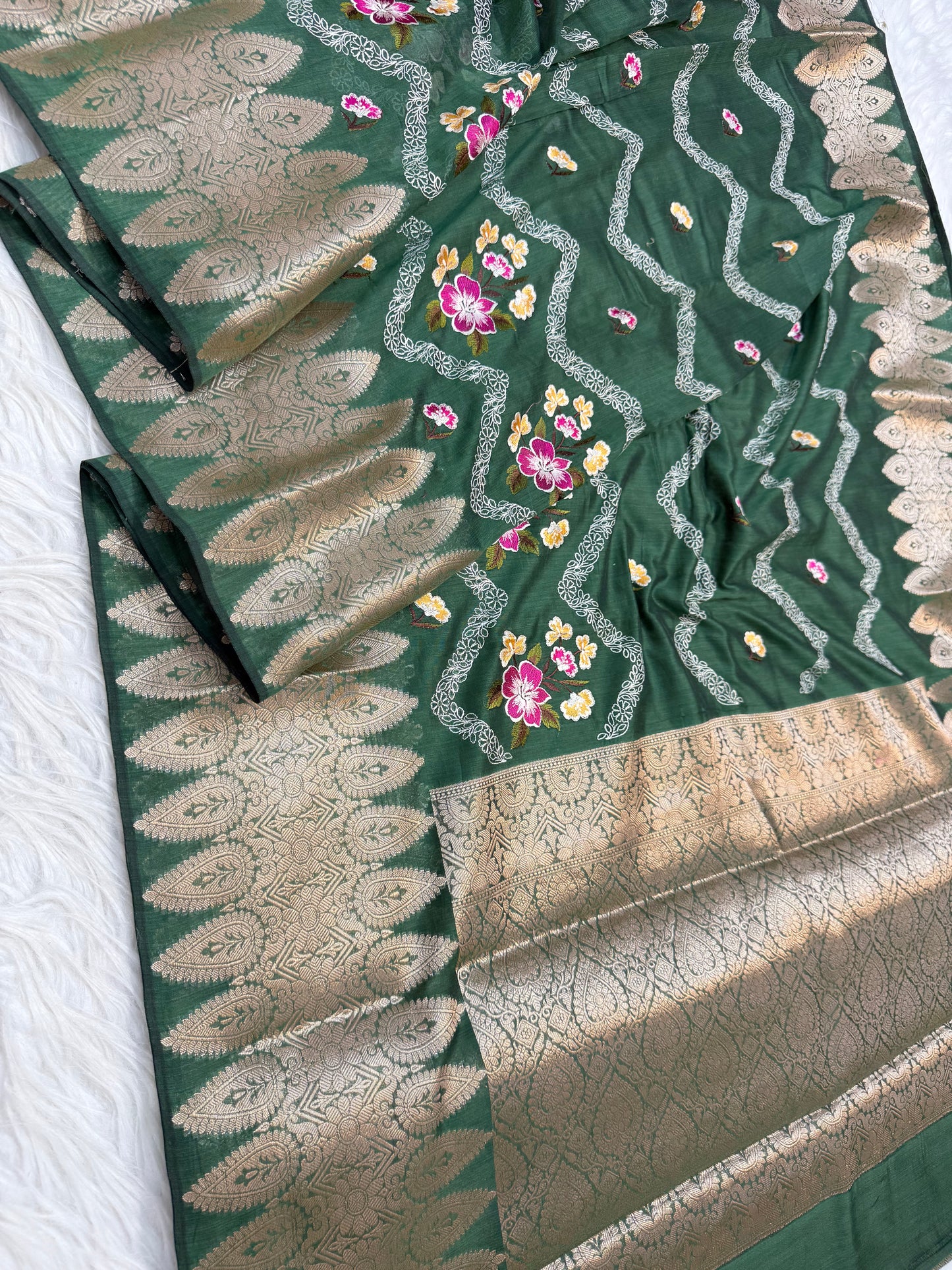 Bottle green shade cotton silk embroidery Banarasi saree