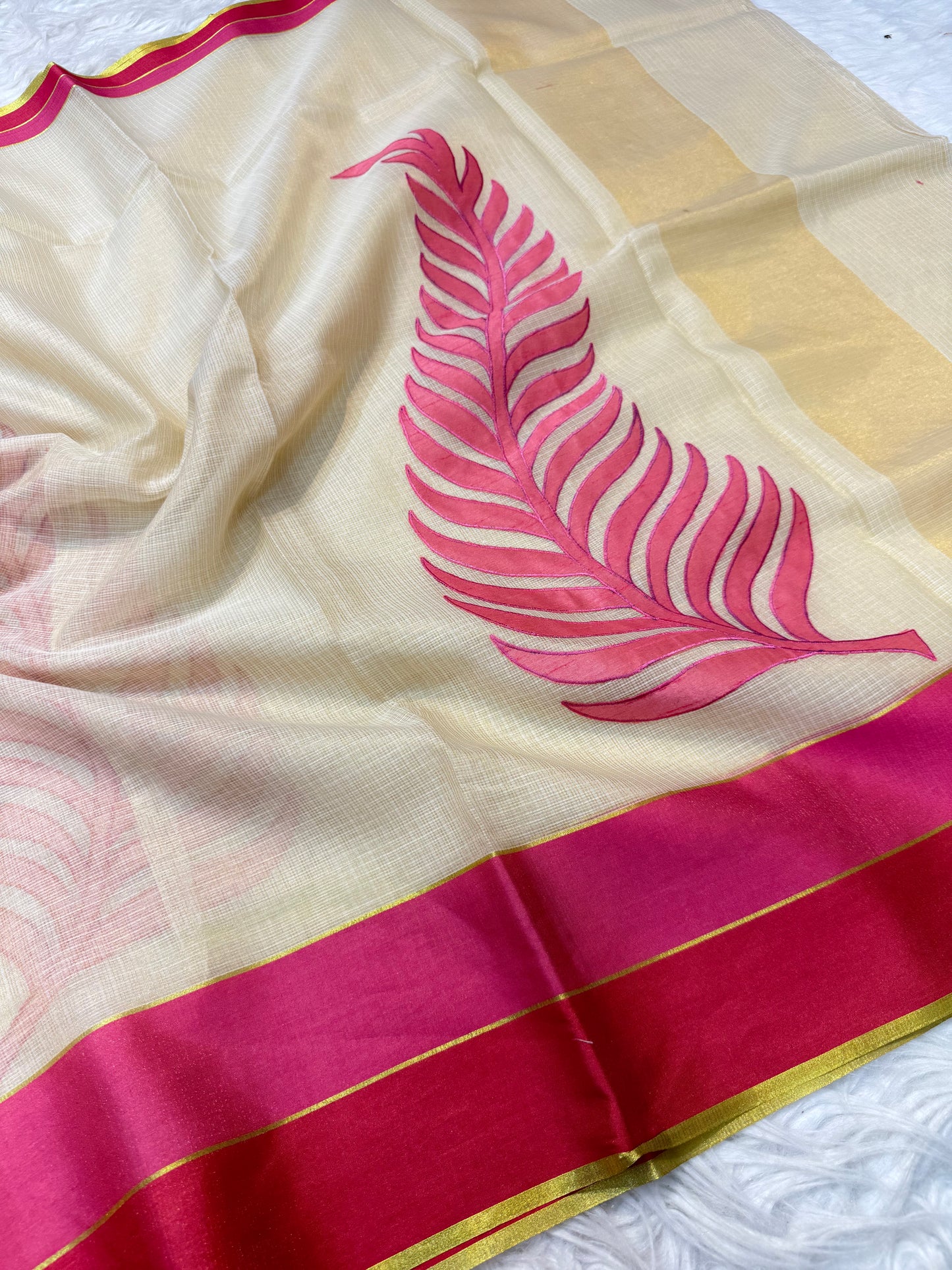Off White maharani royal pink shade tissue kota appliqué work Banarasi saree