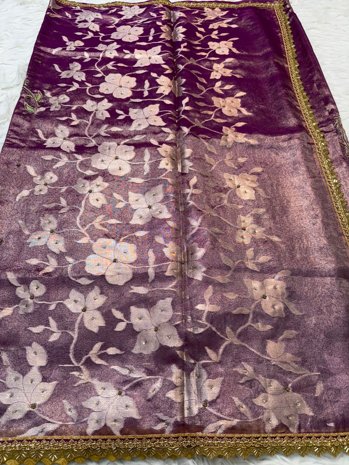 Magenta shade tissue ari & zardosi work designer premium Banarasi saree