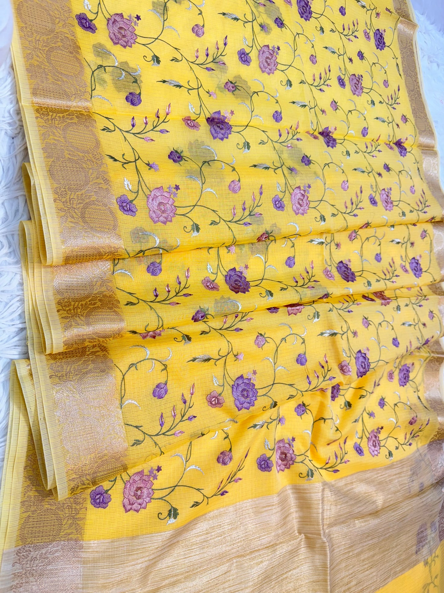 Yellow shade kota embroidery Banarasi saree