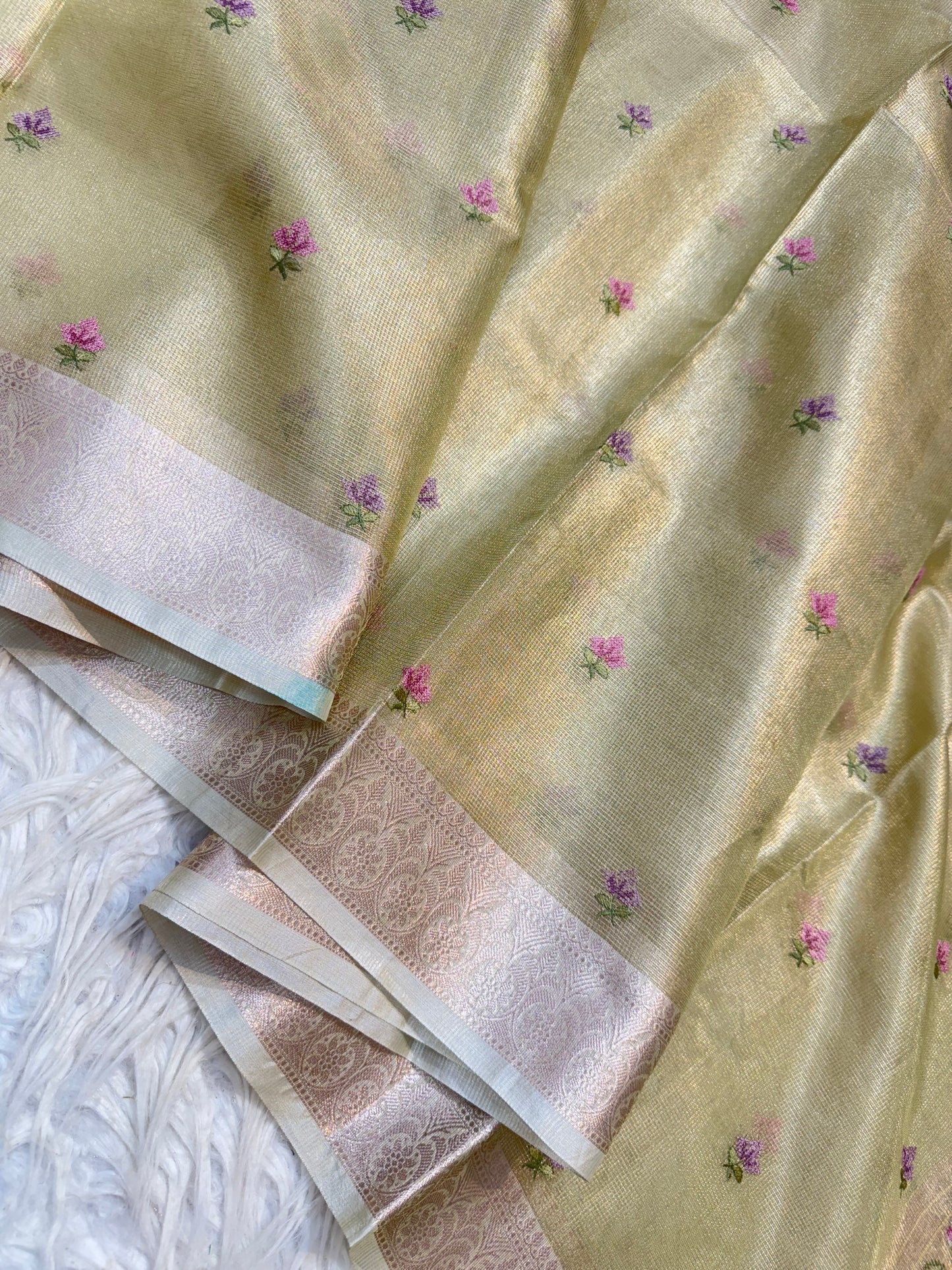 Pista green shade tissue kota embroidery primum Banarasi saree