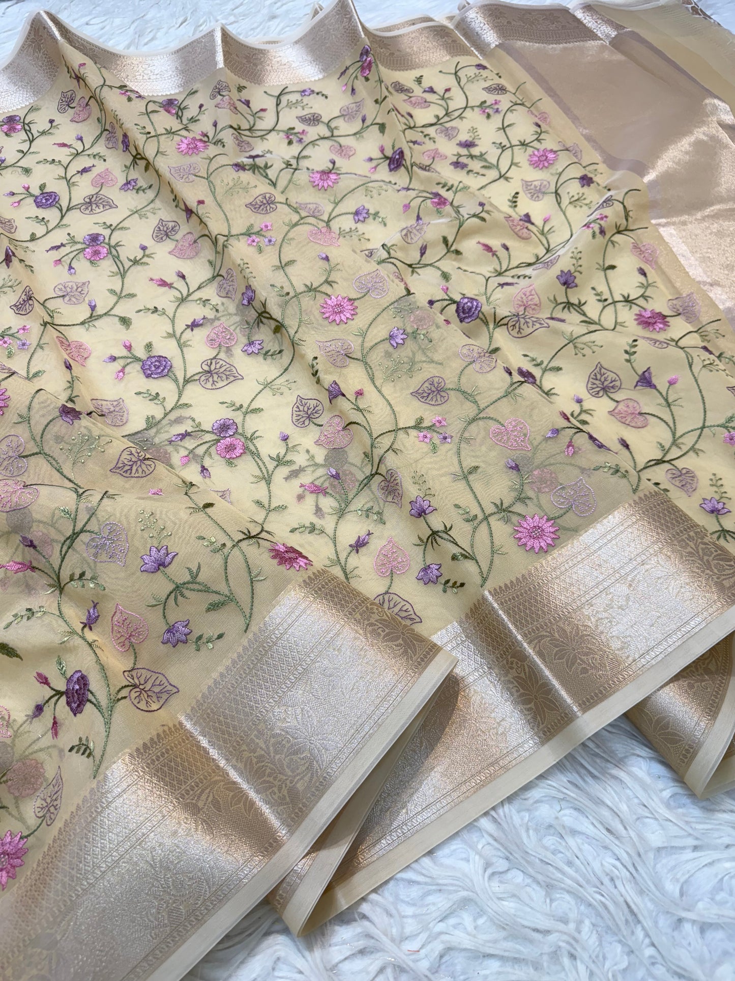 Beige shade organza embroidery Banarasi saree